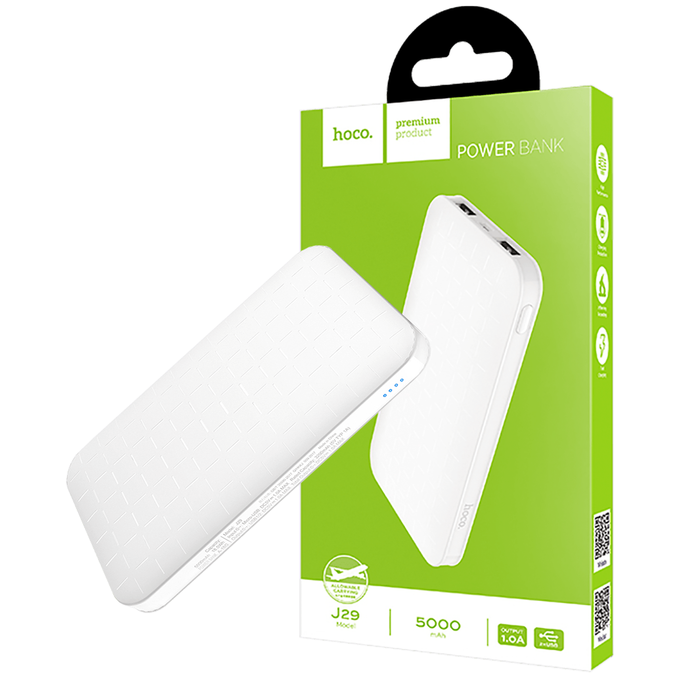 hoco. Punjač prijenosni za mobitele, 5000 mAh, 1 A/1 A - J29 Cool Square Power Bank