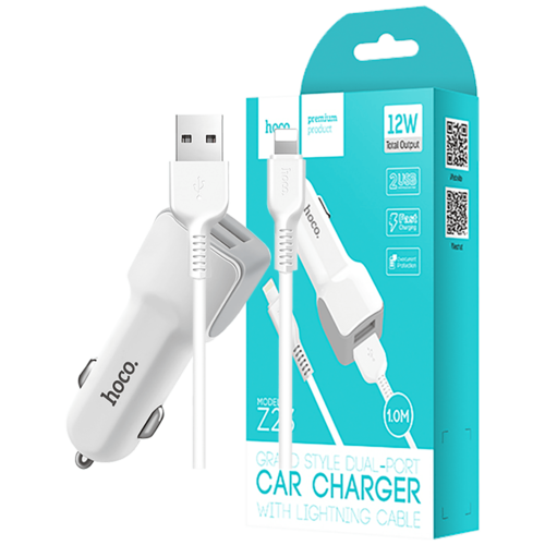 Auto punjač sa Lightning kabelom, 2 x USB, 5 V/2.4 A