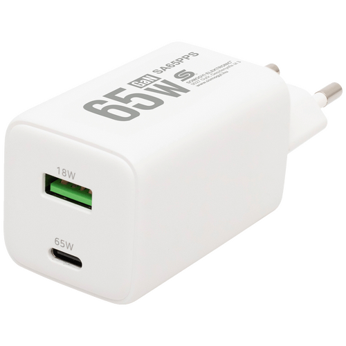 Punjač kučni, brzi, 1 x USB-A, 1 x UCB-C, 65W, GaN