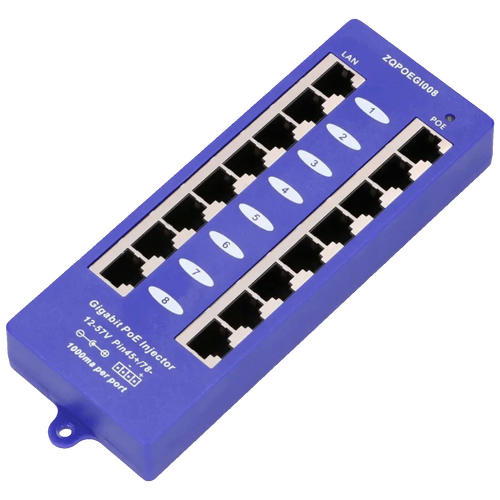 PoE Injector 8 1000Mb/s RJ45 portova, Mode B, pasivni