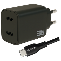 Punjač sa USB-C kablom,  2 x USB-C, brzi, 35W, GaN